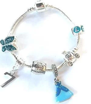 Children's 'Blue Princess 7th Birthday' Silver Plated Charm Bead Bracelet