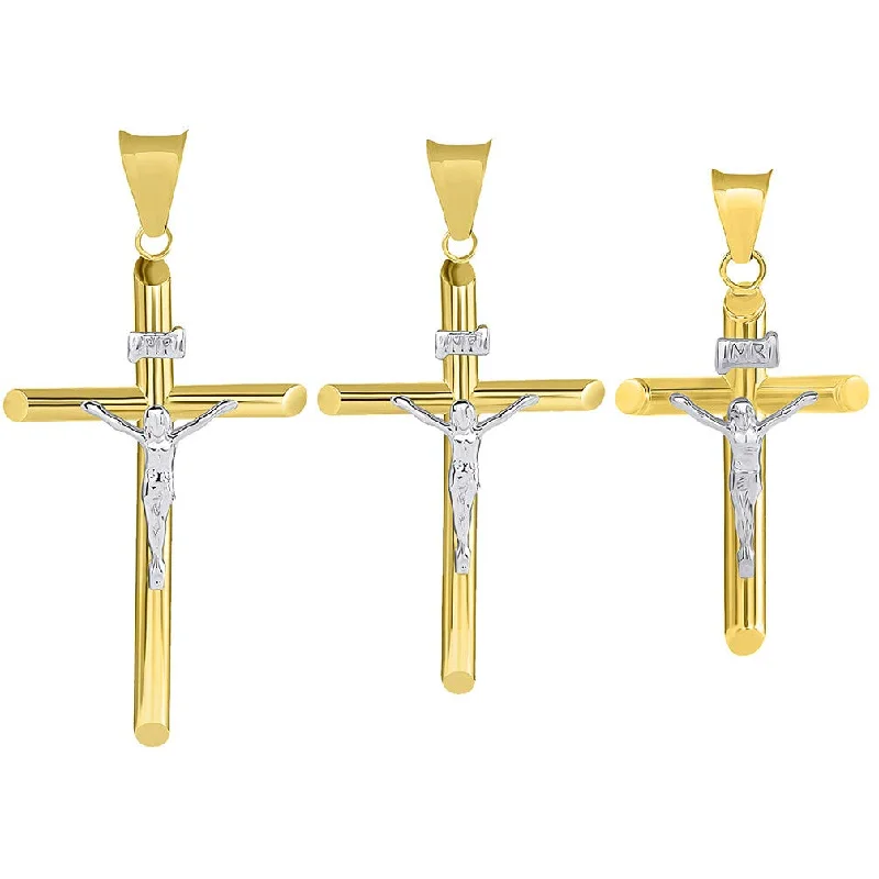 women personalized necklaces -14k Two Tone Gold Christian Tube Cross Charm INRI Crucifix Pendant - 3 Different Size Available