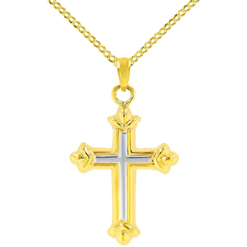 women personalized necklaces -Dainty 14k Yellow Gold Fleur de Lis Cross Pendant Necklace with Cuban Chain