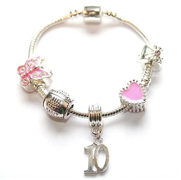 Children's Pink 'Happy 10th Birthday' Silver Plated Charm Bead Bracelet