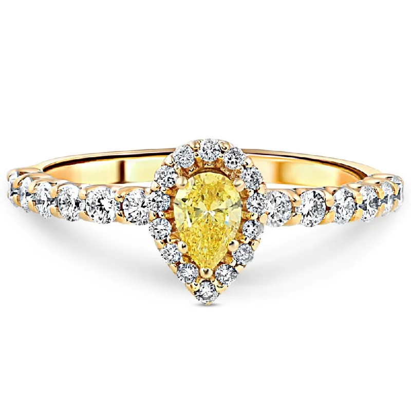 simple engagement rings with diamonds -3/4CT Fancy Yellow Pear Lab Grown Diamond Halo Engagement Ring Yellow Gold