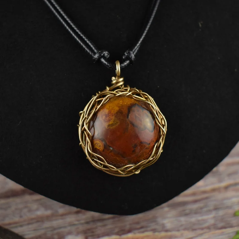 women cross necklaces -Wire Wrapped Sagenite Agate Brass Pendant Necklace