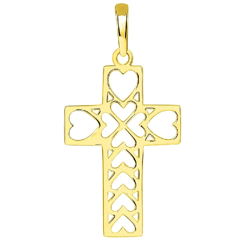 women statement necklaces -14k Yellow Gold Open Heart Christian Cross Pendant