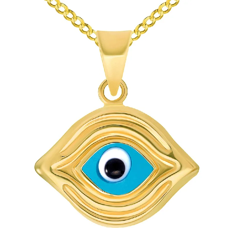 women heart-shaped necklaces -14k Yellow Gold Elegant Plain Blue Evil Eye Pendant Curb Chain Necklace