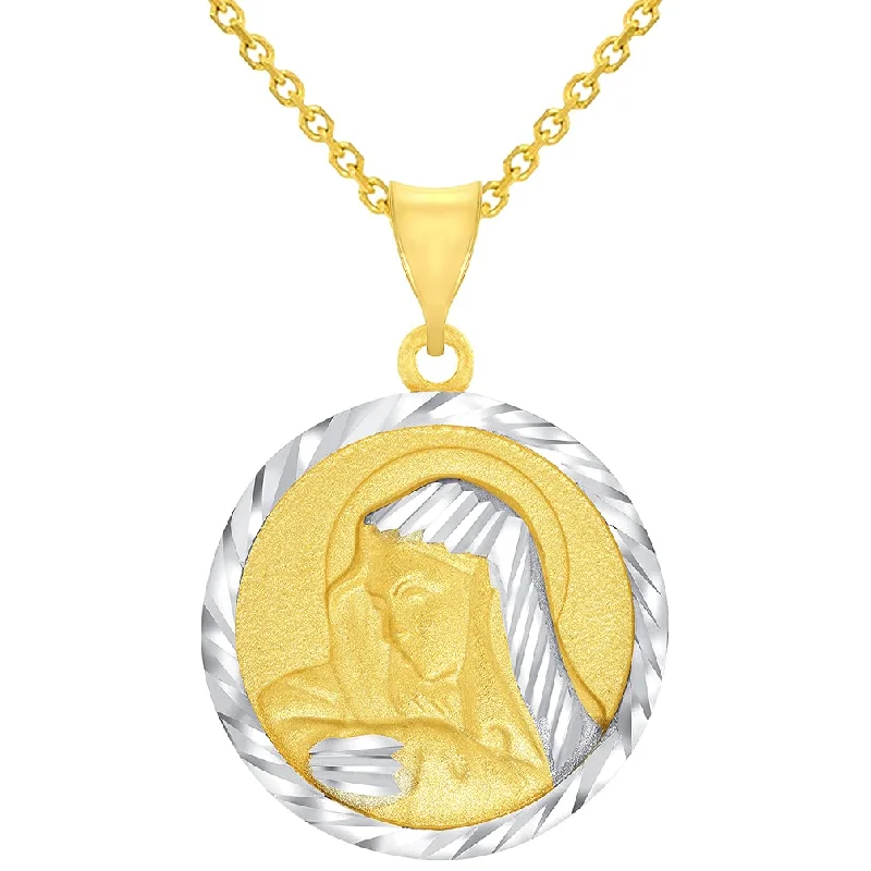 women adjustable necklaces -14k Yellow Gold Textured Two Tone Round Virgin Mary Medalliion Pendant with Rolo Cable, Cuban Curb, or Figaro Chain Necklaces