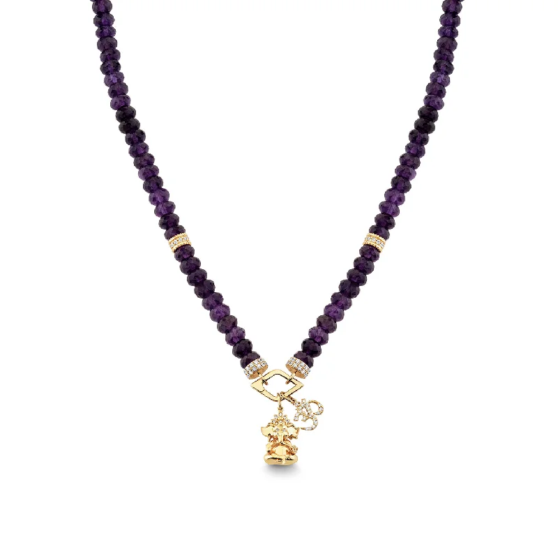 women crystal pendant necklaces -Gold & Diamond Ganesha and Pave Om Charms on GS Clip with Pave Rondelles and Bead Caps on Amethyst Beaded Necklace Combo