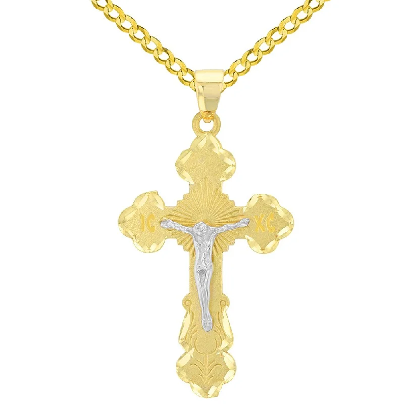 women luxurious gemstone necklaces -Solid 14K Two Tone Gold Eastern Orthodox Save and Protect Cross ICXC Crucifix Pendant with Cuban Necklace