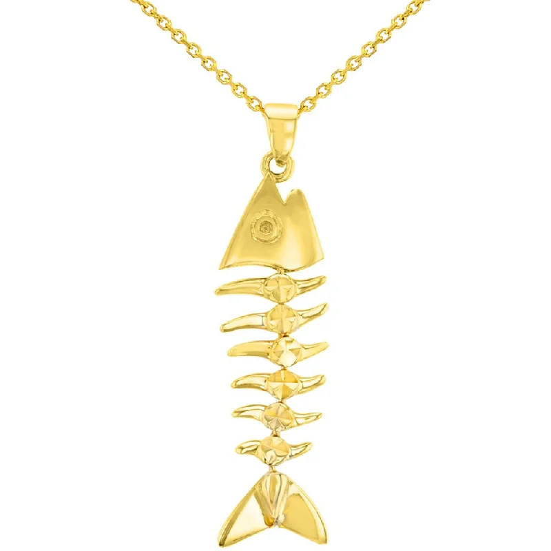 women bracelet and necklace sets -Solid 14K Yellow Gold Fishbones Pendant Necklace