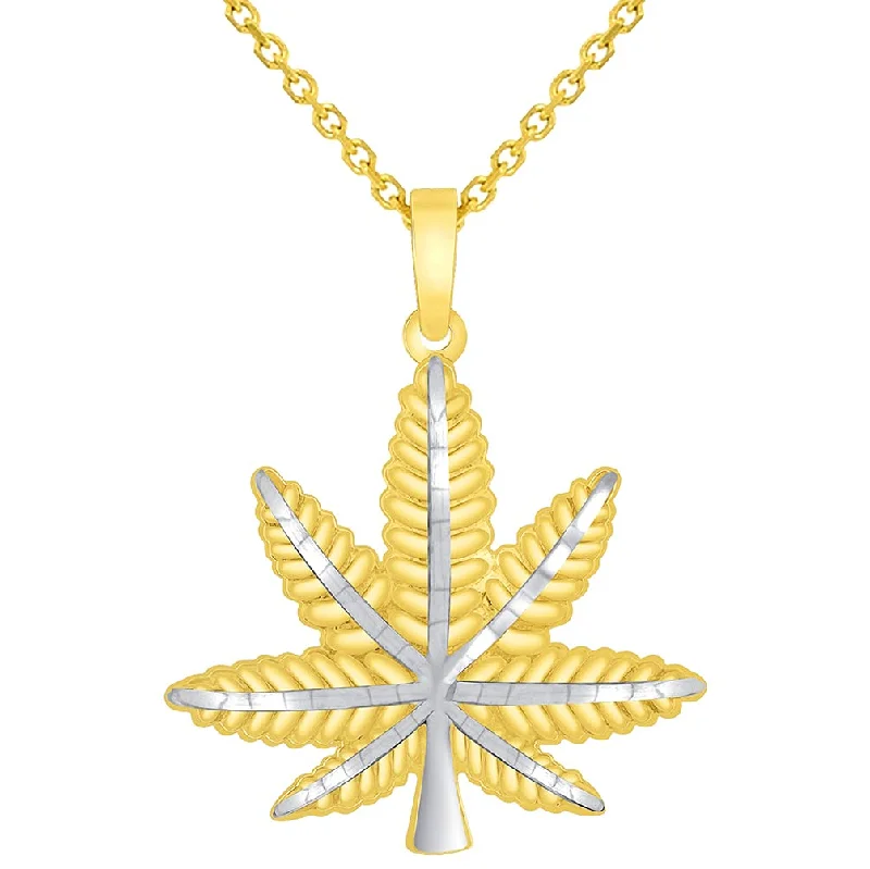 women rose gold necklaces -Solid 14k Yellow Gold Textured Two Tone Marijuana Weed Leaf Pendant with Rolo Cable, Cuban Curb, or Figaro Chain Necklaces