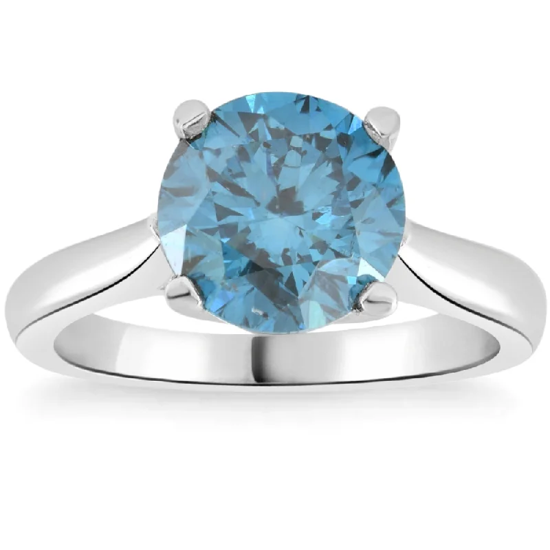 women antique engagement rings -2 Ct Round Blue Diamond Solitaire Engagement Ring 14k White Gold Lab Grown