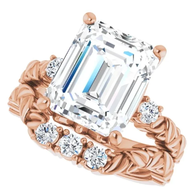 affordable rose gold engagement rings -5 1/2Ct Diamond & Emerald Cut Moissanite Petite Leaf Engagement Set in Gold