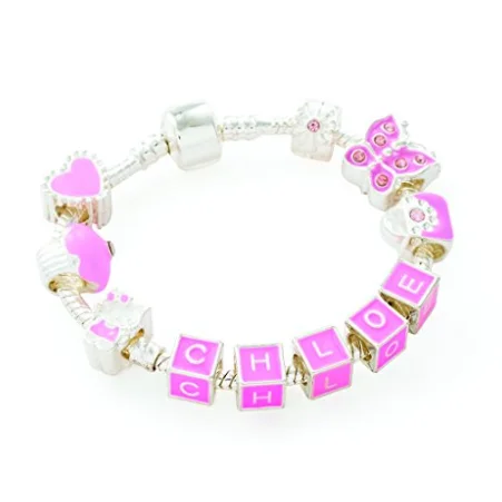 Children's Personalised Name 'Think In Pink' Silver Plated Charm Bead Bracelet