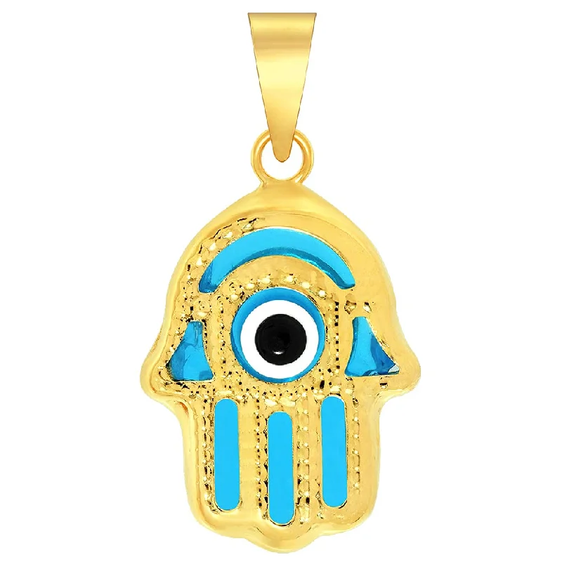 women boho necklaces -14k Yellow Gold Blue Evil Eye Hamsa Hand Charm Pendant 21.5mm x 12mm