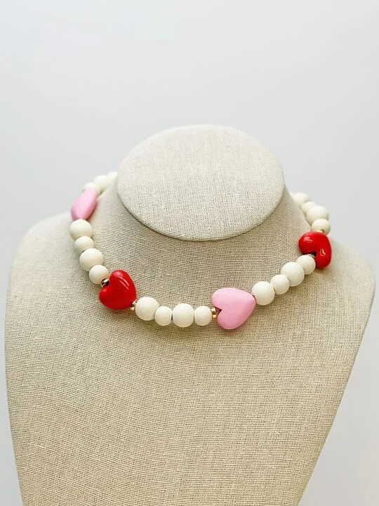 women pearl necklaces -Hearts & White Bead Necklace