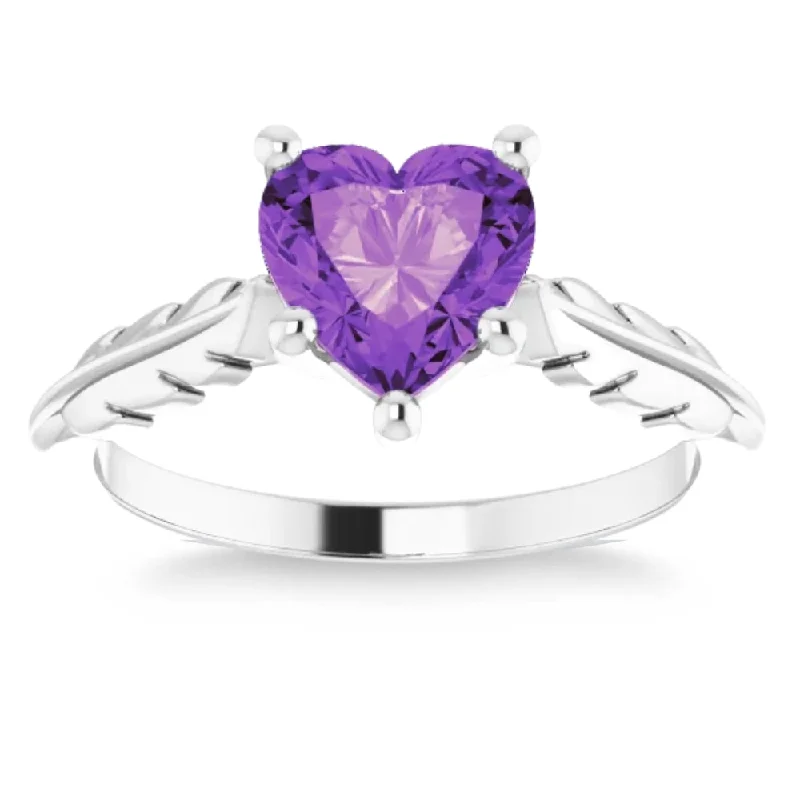 men custom engagement rings -7mm Amethyst Solitaire Heart Shape Leaf Accent Ring in 14k White or Yellow Gold