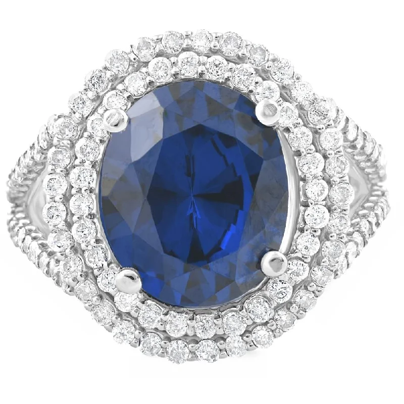 affordable halo engagement rings -6 1/5 Ct Diamond Oval Blue Sapphire Diamond Double Halo Ring 10K White Gold