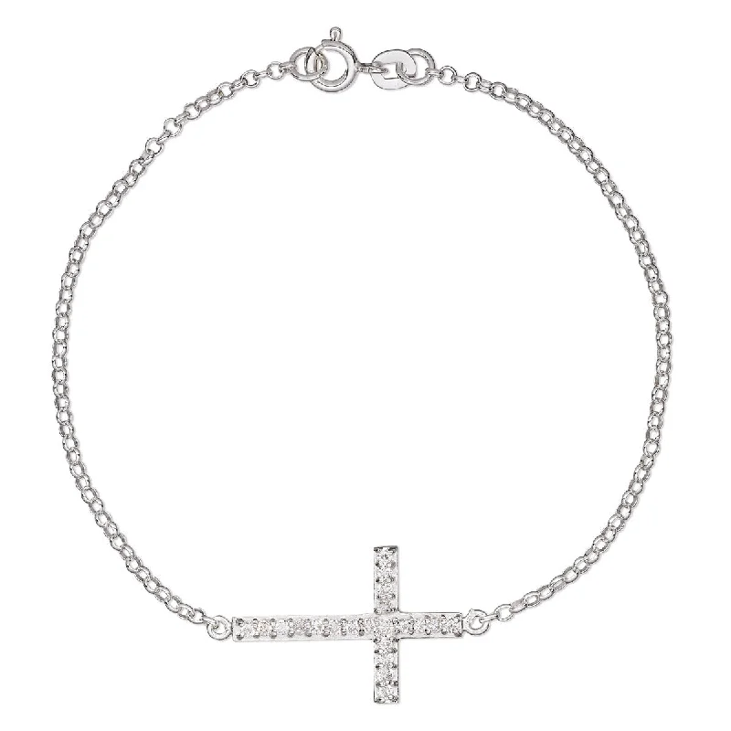 Sterling Silver in-Line Cross Charm Bracelet with Cubic Zirconia Pave Rhinestones, 7"