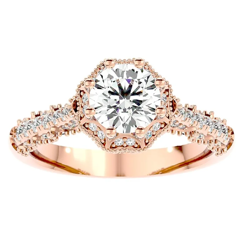 custom engagement rings with engravings -1 1/10Ct Vintage Diamond Moissanite Halo Engagement Ring White Yellow Rose Gold