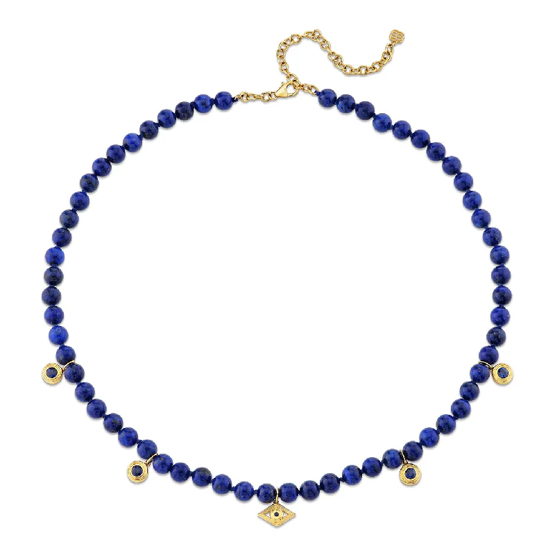 women gold chain necklaces -Gold & Sapphire Fluted Single Stone Charms and Fluted Evil Eye Charm on Lapis Beaded Necklace Combo