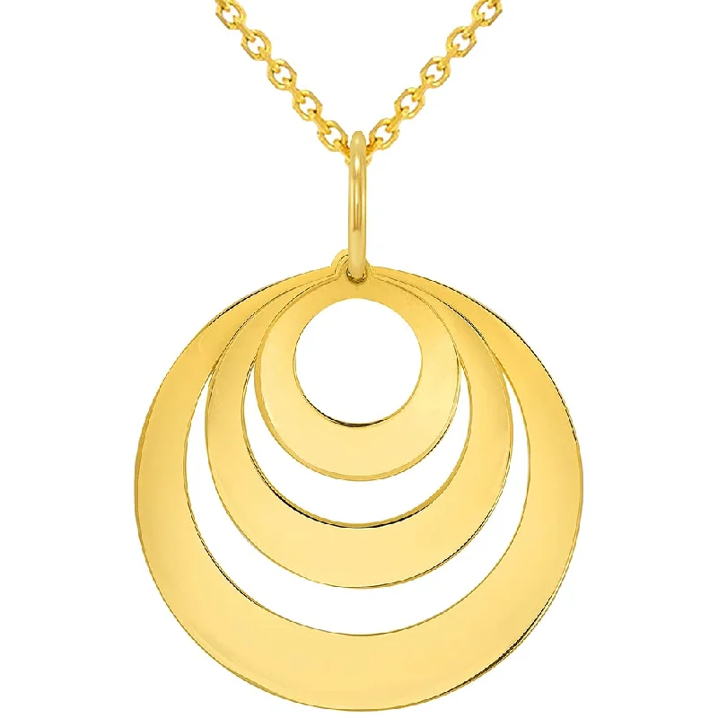 women layered necklaces -Solid 14k Yellow Gold Engravable Three Circle Name Charm Personalized Round Disc Pendant with Rolo Cable, Curb Cuban, or Figaro Chain Necklace