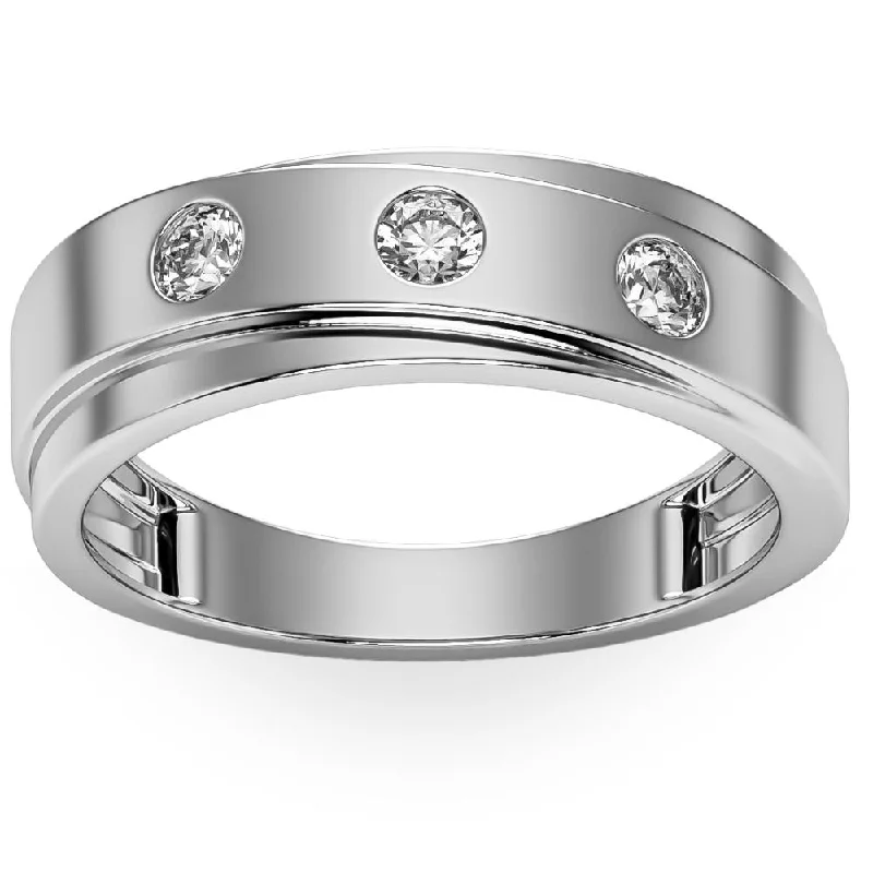 three-stone engagement rings -1/2Ct Diamond Ring Men's Lab Grown 3 Stone Polished Wedding Band in 10k Gold