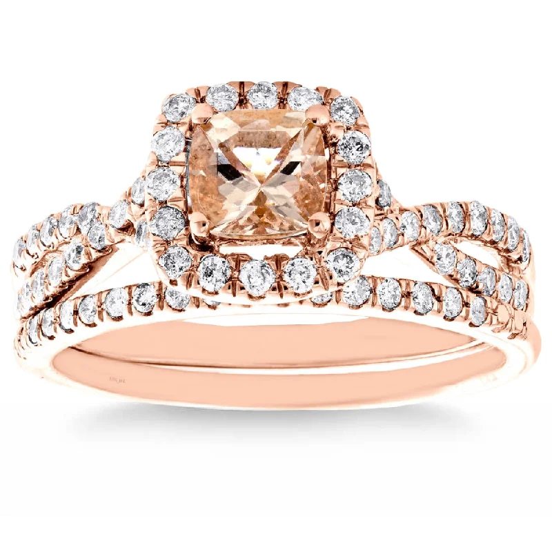 cushion cut engagement rings -1C TW Cushion Morganite Diamond Engagement Wedding Ring Set 14k Rose Gold