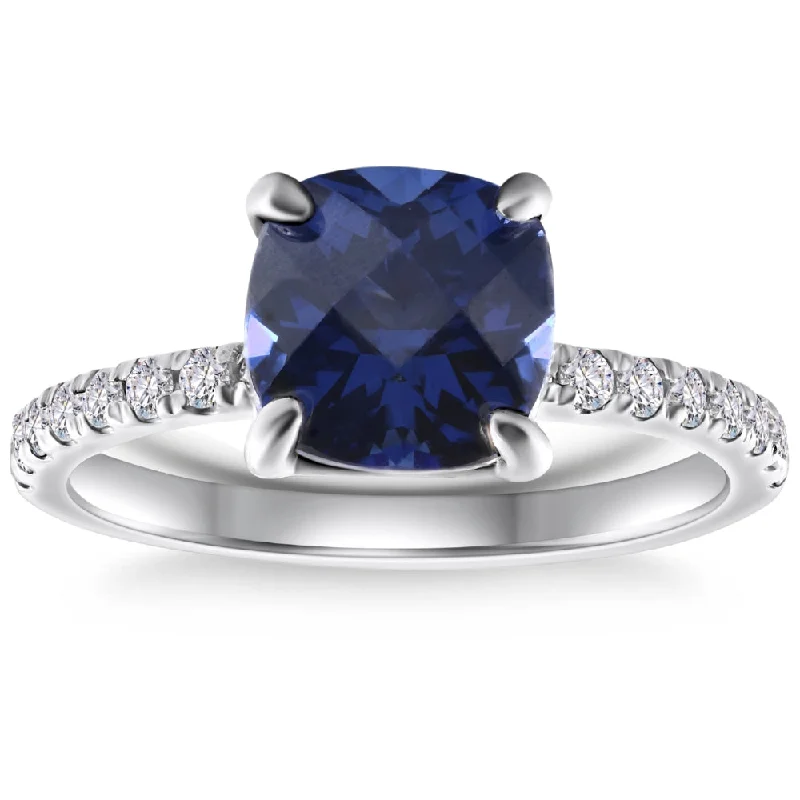 14k engagement rings -VS 2 1/3Ct TW Cushion Blue Sapphire & Diamond Ring in 14k White Gold