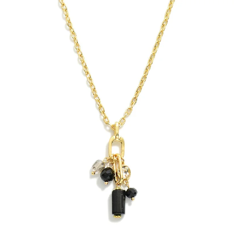 women birthstone necklaces -Faceted Stone Pendant Charm Necklace - Black