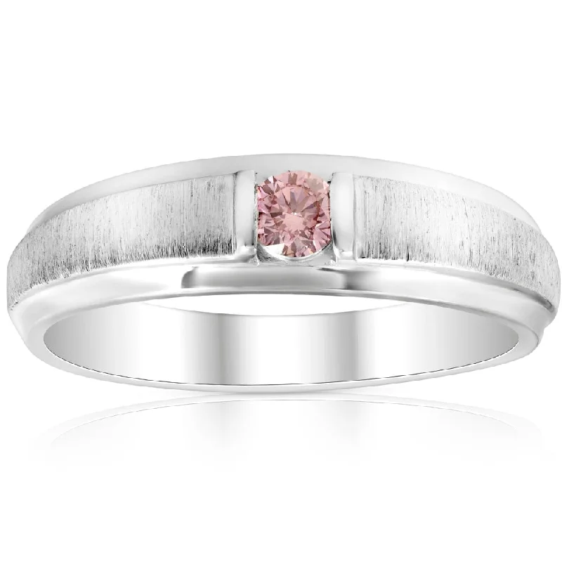 women antique engagement rings -Mens Brushed Pink Diamond Lab Grown Wedding Brushed Anniversary Ring White Gold