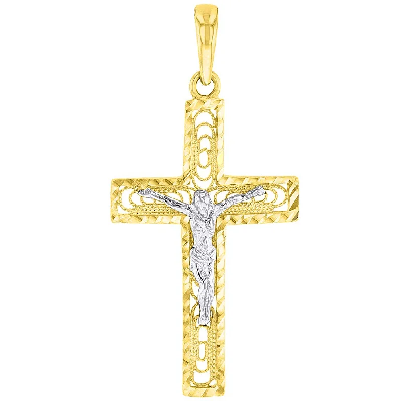 women chic gold necklaces -14k Two-Tone Gold Textured Catholic Cross Elegant Jesus Crucifix Pendant