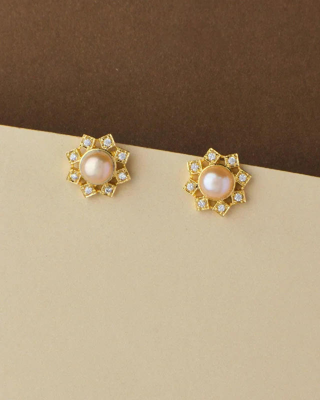 women elegant long earrings -Floral Pearl Stud Earring