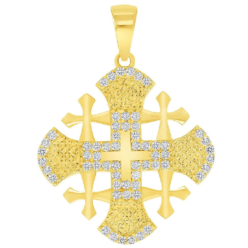 women engraved gold necklaces -14k Yellow Gold Elegant Cubic-Zirconia Religious Crusaders Jerusalem Cross Pendant