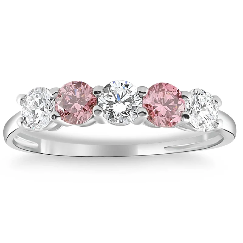 luxury solitaire engagement rings -1 Ct Pink Diamond Five Stone Anniversary Wedding Ring 14k White Gold Lab Grown