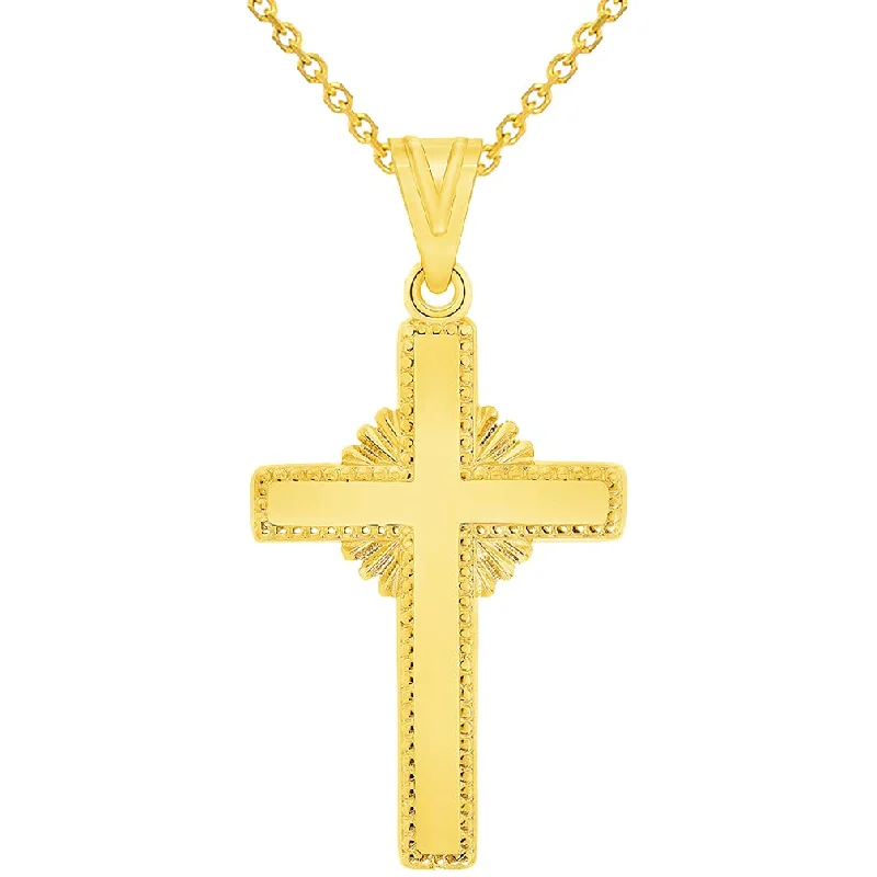 women silver chain necklaces -Solid 14k Yellow Gold Shining Religious Cross Pendant with Rolo Cable, Cuban Curb, or Figaro Chain Necklaces