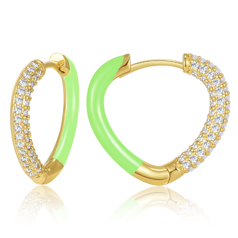 women personalized earrings -Green Enamel Heart Huggie Hoop Earrings