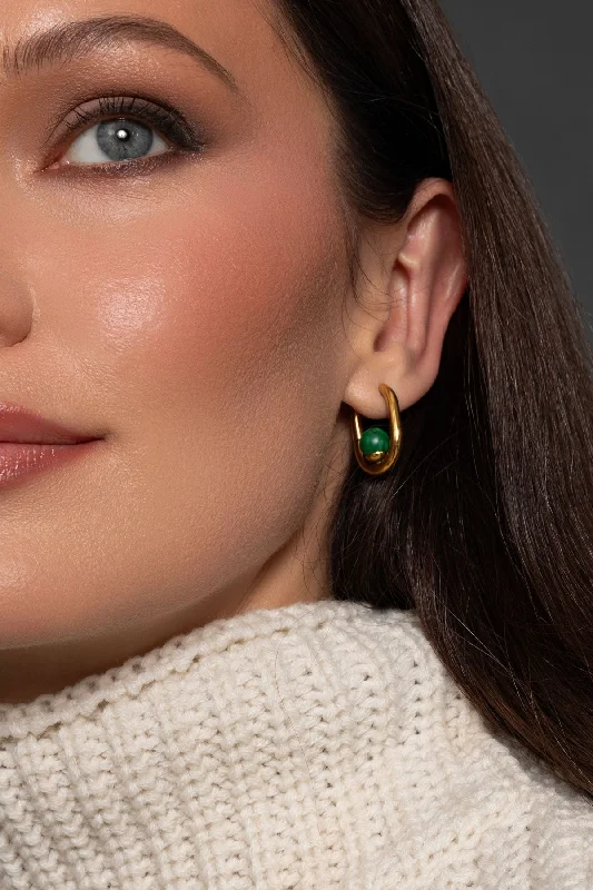 women luxury gold earrings -Green Stone Gold Hoop Earrings