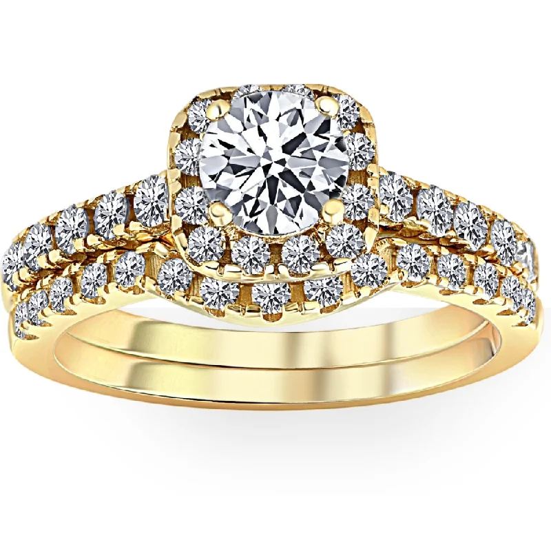 custom engagement rings with engravings -1 1/4 Ct Diamond Cushion Halo Engagement Wedding Ring Set 14k Yellow Gold