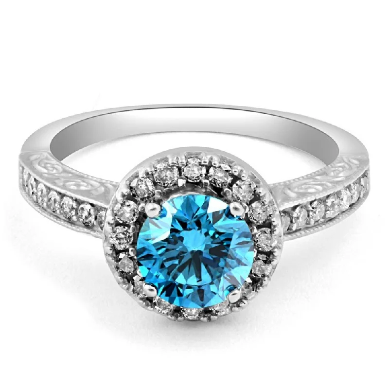 handpicked engagement rings -2 cttw Blue Diamond Halo Engagement Ring Hand Engraved White Gold Band