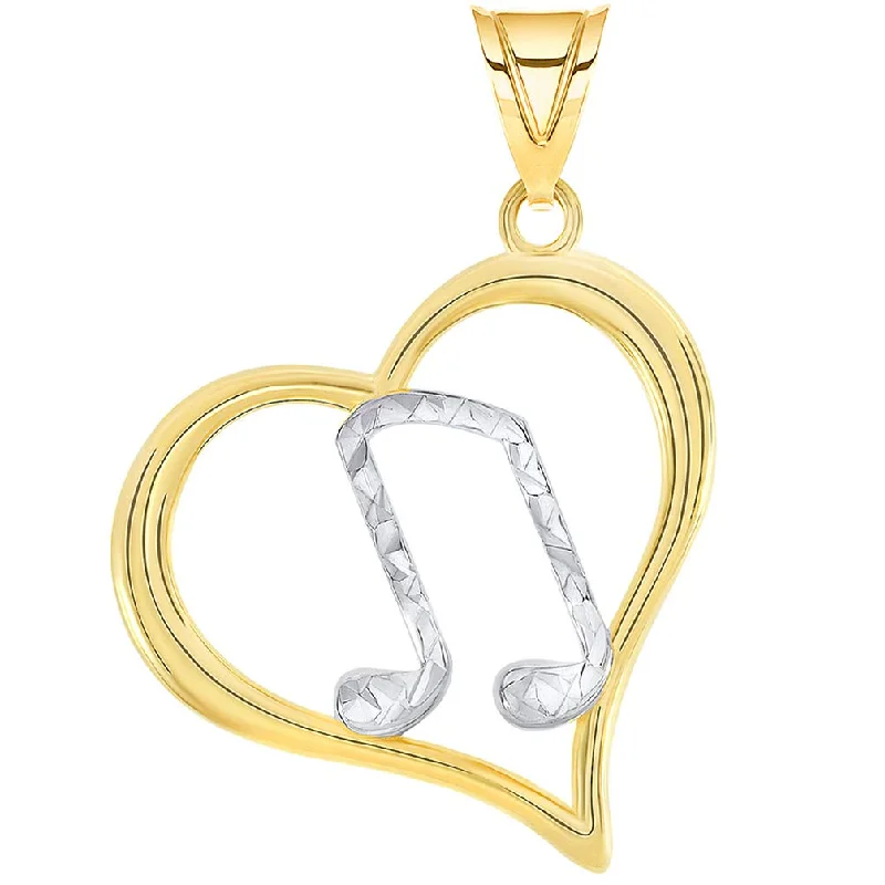 women pendant necklaces -14k Yellow Gold Textured Two Tone Musical G Clef Note In Open Heart Pendant