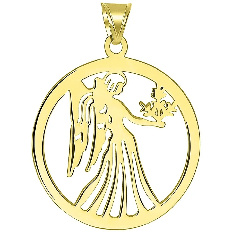 women art nouveau necklaces -Solid 14k Yellow Gold Round Virgo Holding Wheat Zodiac Sign Cut-Out Disc Pendant