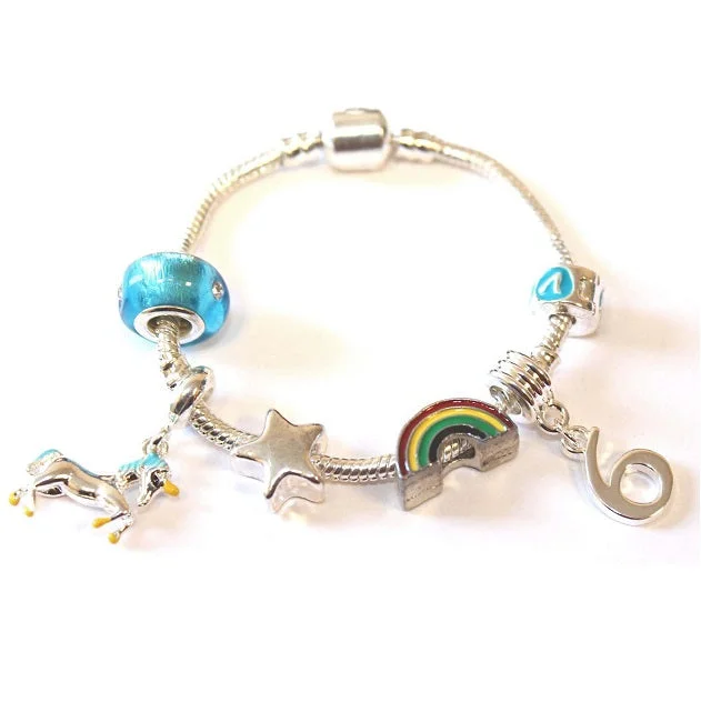 Children's 'Magical Unicorn 6th Birthday' Silver Plated Charm Bead Bracelet