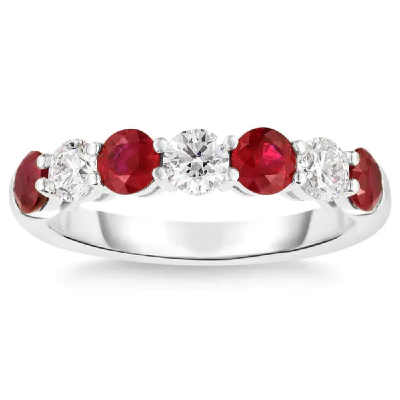 budget-friendly engagement rings -1 1/2Ct TW Round Diamond & Created Ruby Wedding Anniversary Ring in 14k Gold