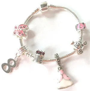 Pink Princess 8th Birthday Girls Gift - Silver Plated Charm Bracelet