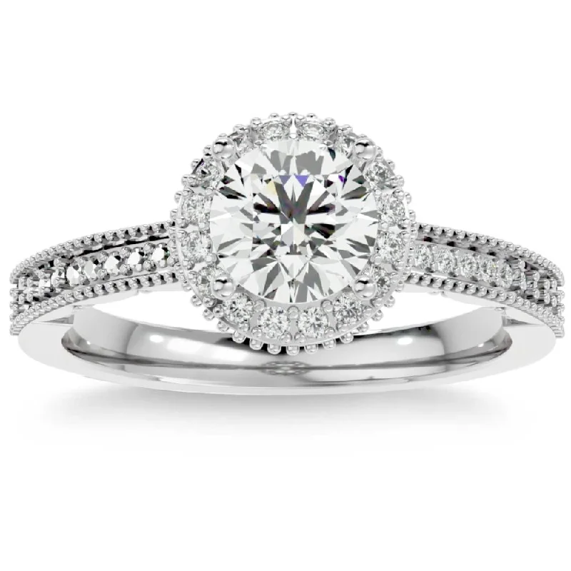 round diamond engagement rings -1 1/10Ct Vintage Diamond Moissanite Halo Engagement Ring White Yellow Rose Gold