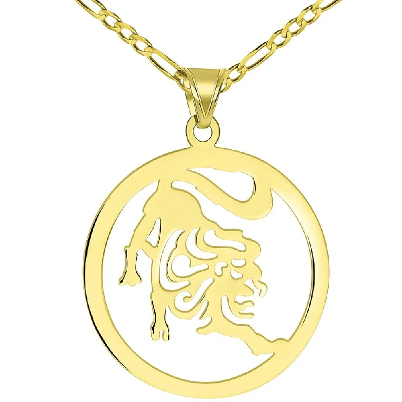 women luxury diamond necklaces -Solid 14k Yellow Gold Round Leo Zodiac Symbol Cut-Out Lion Pendant with Figaro Chain Necklace