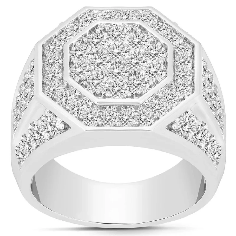 custom engagement rings with initials -3Ct Men's Diamond Hexagon Cluster Ring 10k White Gold