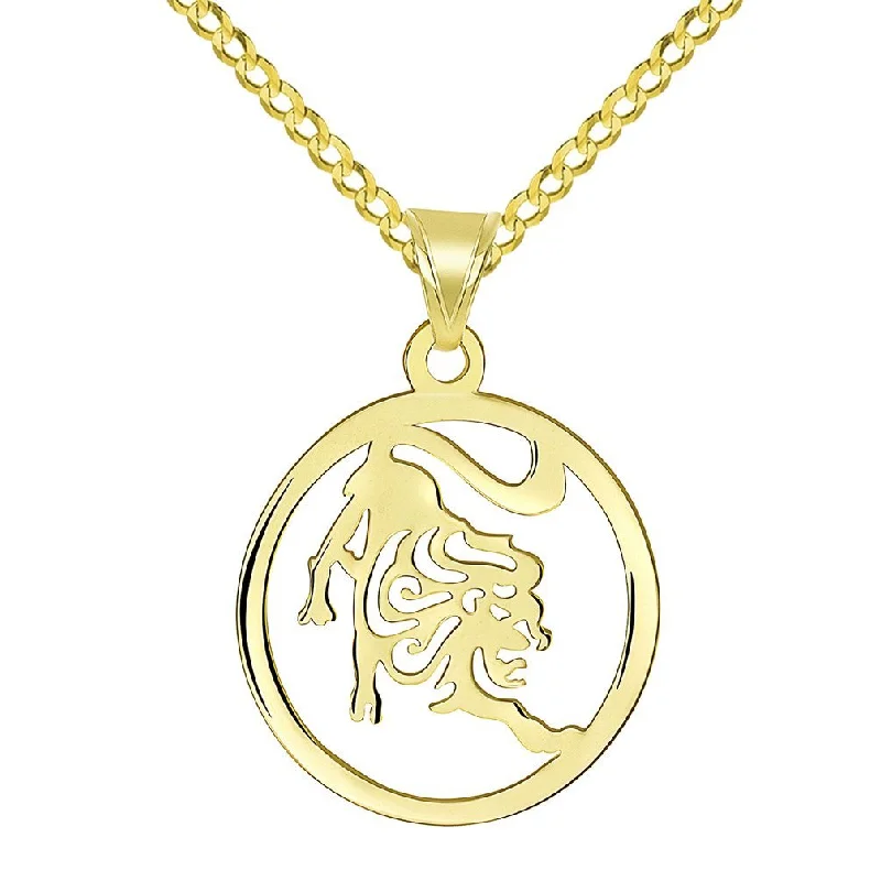 women long chain necklaces -Solid 14k Yellow Gold Dainty Round Leo Zodiac Symbol Cut-Out Lion Pendant with Cuban Chain Necklace