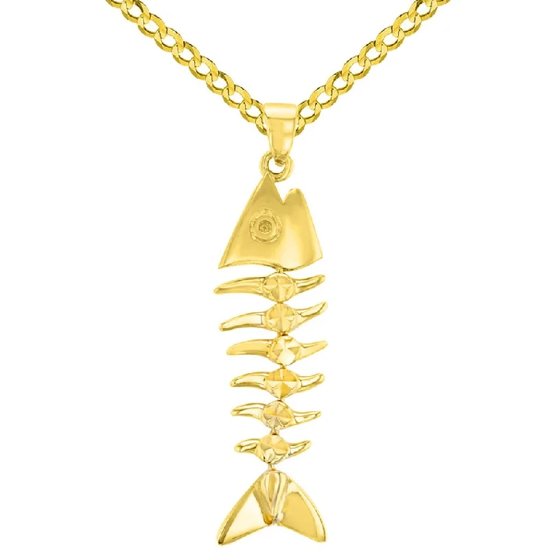 women artistic pendant necklaces -Solid 14K Yellow Gold Fishbones Pendant with Cuban Chain Necklace