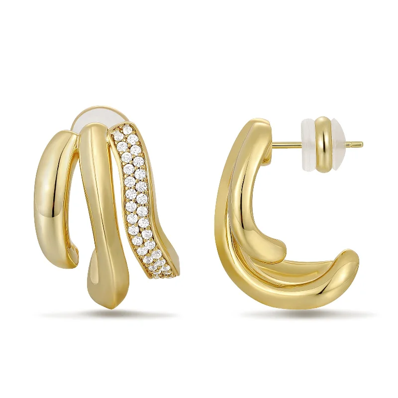 women engraved earrings -14K Gold Plated Cubic Zirconia Triple Open Hoops C Shape Wrap Earrings