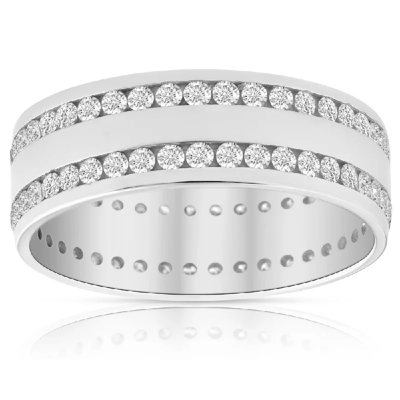 halo engagement rings -Mens 1 3/8Ct Diamond Eternity Ring 10k White Gold Double Row High Polished